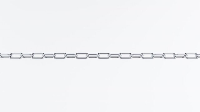 3D rendering of a long silver steel chain rotating and sliding horizontally on white background.
