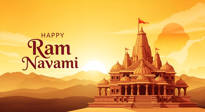 Happy Ram Navami Festival Celebration &ndash; Traditional Hindu Temple at Sunset with Calligraphy Text &ndash; Indian Mythology, Spirituality, Religion, Festive Greetings, Cultural Heritage, Divine Worship
