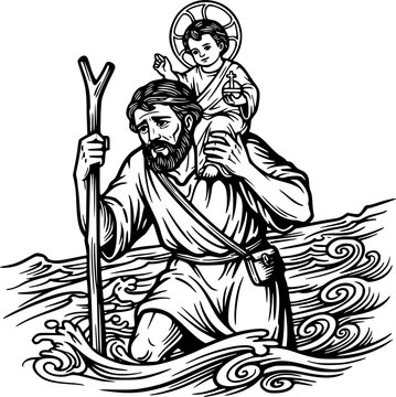 saint christopher carrying child jesus hand drawn illustration
