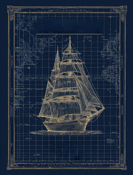 a blueprint of an old sailing ship on dark blue paper, with golden lines, in a vintage design style, a simple design, on a white background with a white border and golden accents.
