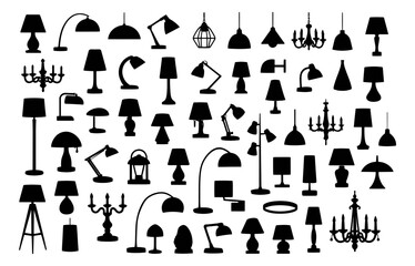 Obraz premium Silhouette lighting set featuring various lamps and chandeliers for home and interior design