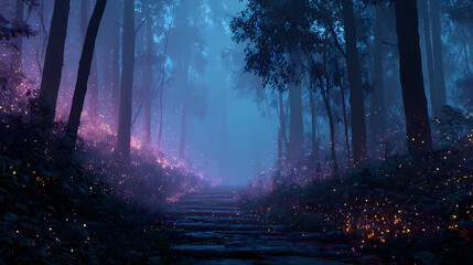 Fototapeta premium a path in the forest with glowing fireflies at night, with blue and purple colors, in the style of fantasy and anime.