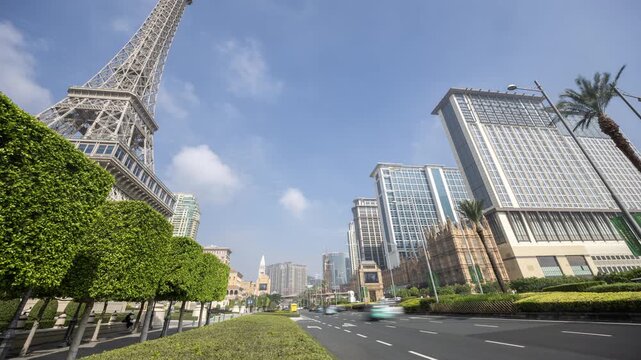 amazing macau casino skyline with replica of eiffel tower