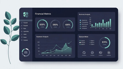 A digital dashboard displaying financial metrics and business analysis on a screen