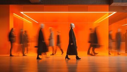 Fashion models walking in orange room