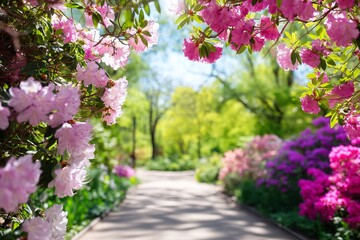 Serene Garden Pathway Framed by Blossoming Pink Flowers in Springtime