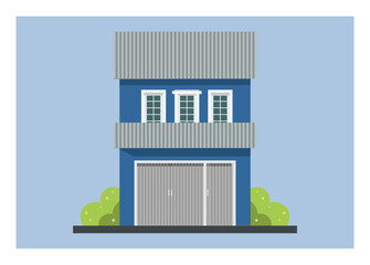 Two story shop house building with sliding door. Simple flat illustration
