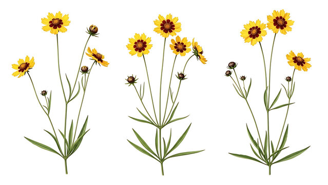 yellow coreopsis flowers botanical illustration on a clean white background suitable for spring and summer nature designs and educational content