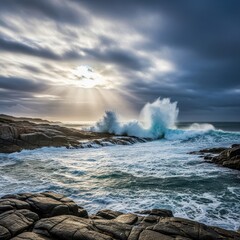 Obraz premium A moody, turbulent sky hangs over a rugged coastal inlet, waves crashing onto a rocky shore, capturing the raw power of nature, gale, inlet, dramatic
