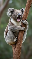 Fototapeta premium A sleepy koala bear is captured mid-yawn while securely clinging to a textured eucalyptus tree trunk high up in a forest environment, koala, gum, mammal