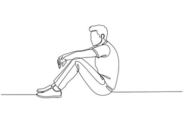 Fototapeta premium Single Continuous Line Drawing of a Pensive Man Sitting on the Floor in a Thoughtful Pose