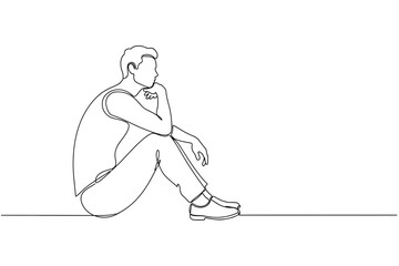 Fototapeta premium Continuous Line Drawing of a Pensive Man Sitting and Thinking