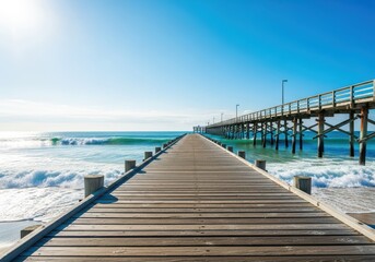 Fototapeta premium Coastal seascape featuring a long wooden structure jutting out into the blue ocean waves under a bright, sunny sky. Summer leisure and travel, outdoor, waves, structure