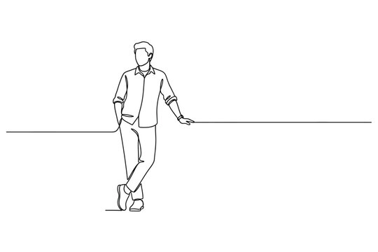 Continuous one line drawing of a casually dressed man leaning, isolated vector illustration with copy space.