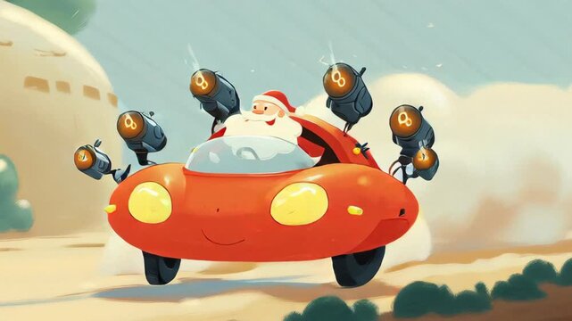 Santa piloting a futuristic sleigh with rocket thrusters in a desert cityscape
