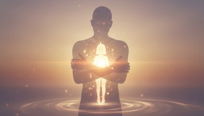 Silhouette of person with glowing light inside chest standing in water representing spiritual awakening and soul