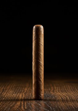 Hand-crafted, aged tobacco cigar displayed against a rustic, dark wood grain surface, emphasizing texture, quality, and rich color, unlit, premium, pleasure