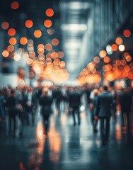 Blurred crowd walking in a lit corridor