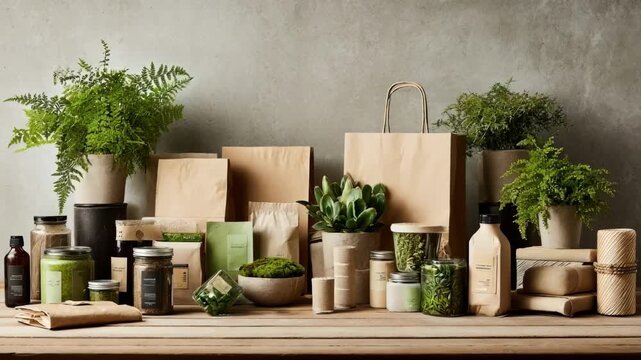 Medium shot displaying a variety of green packaging materials including recycled biodegradable and compostable options in an ecoconscious workspace
