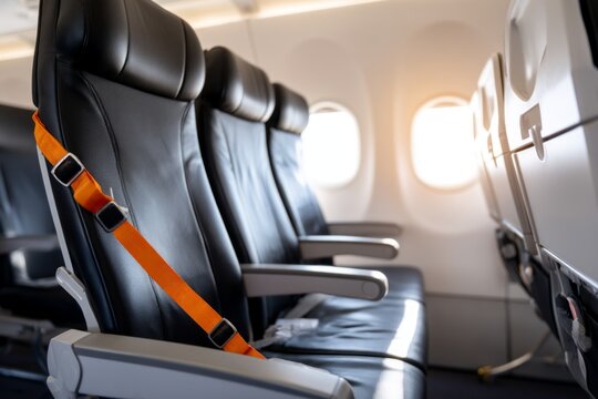 Empty Airplane Seats with Unbuckled Safety Belt and Passenger Window Light