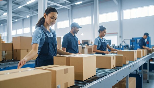 Efficient Warehouse Operations - Workers Sorting Packages on Conveyor Belt.