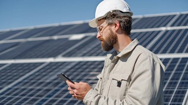 Man in hard hat examines tablet at solar panel field on sunny day.