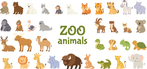 Fototapeta premium Zoo animals illustration set with cute cartoon wildlife characters animals collection for kids education, learning posters, nursery design, stickers. Zoo animals collection