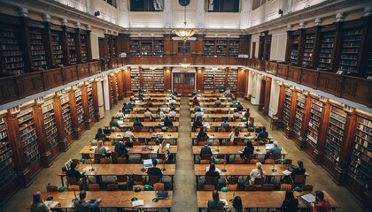 Grand historic library reading room filled with students studying at long wooden tables under warm light from classic chandeliers, viewed from a high angle perspective
