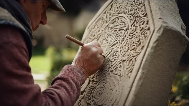 Medium shot showcasing a stonemason creating intricate symbolic carvings on a headstone highlighting meaningful motifs and spiritual icons