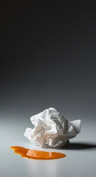 A crumpled napkin positioned near a spill, suggesting a sudden, suppressed outburst of rude, mischievous, and slightly mocking laughter or amusement, secret, scoff, irony