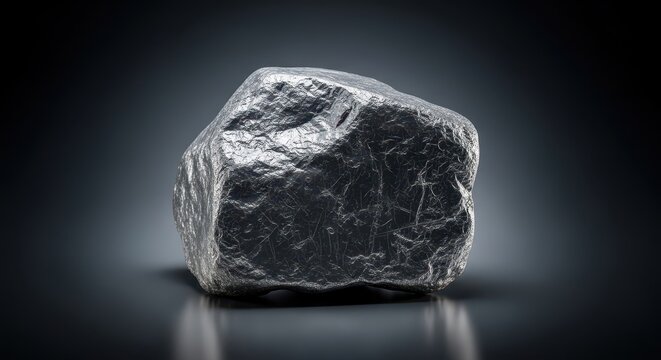 A solid, heavy lump of elemental lead metal displayed in isolation. The soft, malleable, and dense gray material is used widely in industry and construction, close up, piece, nugget