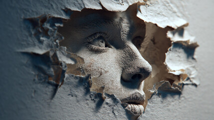 Obraz premium Woman's face in a cut & layered torn paper collage, tactile handmade aesthetic, shadows between layers