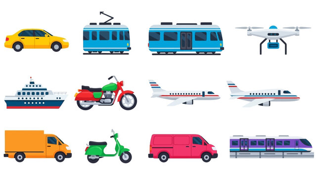 Collection of Various Vehicles and Transportation Modes Illustrated