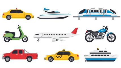 Various vehicles displayed together including cars, boats, airplanes, and motorcycles in a flat illustration style © junkie vector