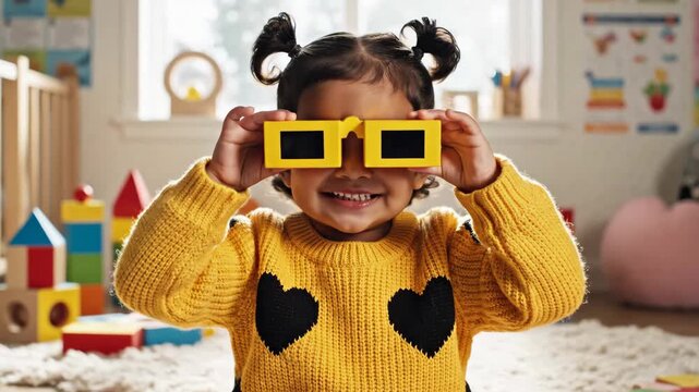 Joyful child playing with colorful building blocks in bright playroom setting