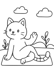 Fototapeta premium Zen Cat in Yoga Pose: Serene coloring-page art features a cute cat practicing yoga in a peaceful outdoor setting, complete with soft clouds and gentle foliage.