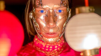 Futuristic Female Cyborg in Traditional Red Chinese Attire with Gold Mechanical Face Enhancements
