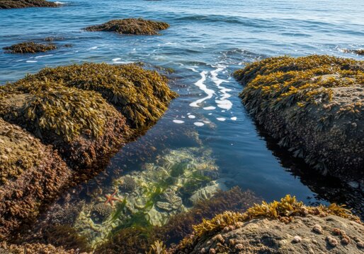 Clear ocean water washes over rugged coastal rocks covered in green and brown seaweed during the ebb tide, revealing hidden marine life, seaweed, rock, scenic
