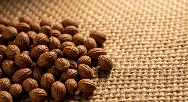 Close up texture shot of small, dry brown seeds resting on a piece of rough, woven natural burlap cloth background, planting, grain, ecology