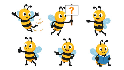 Obraz premium A charming collection of six adorable cartoon bees showcasing various playful actions and expressions, perfect for children's designs and educational materials.