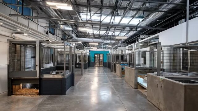 Medium shot of a wellorganized animal boarding area highlighting clean secure enclosures and interactive spaces to keep pets engaged during their temporary stay.