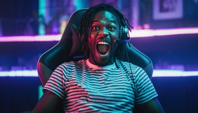 Expressive young man with dreadlocks and headset shouts with excitement and joy, celebrating a victory in a video game tournament in a room with vibrant neon lights