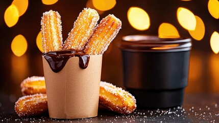 Delicious churros dipped in melted chocolate.