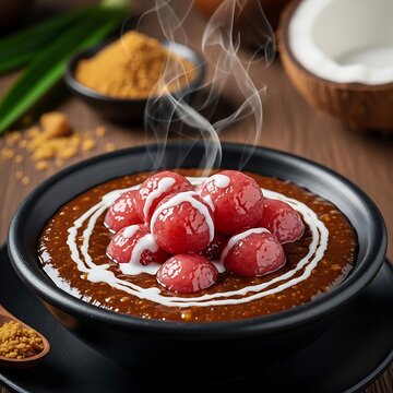 Bubur Mutiara, Indonesian traditional red sago pearls pudding with coconut milk