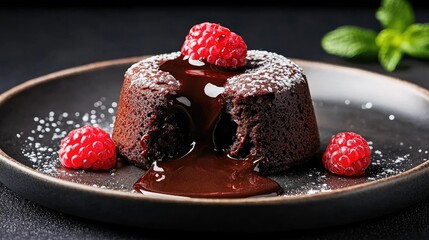 Chocolate lava cake with raspberries and chocolate sauce.