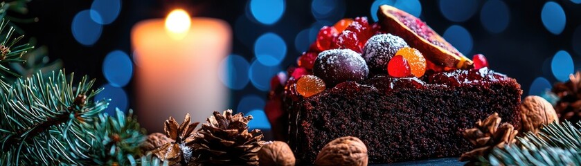 Festive holiday dessert slice with festive decorations.