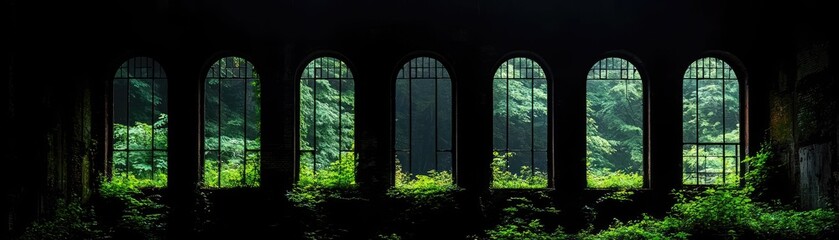 A Row Of Darkened Arches With Greenery Outside.