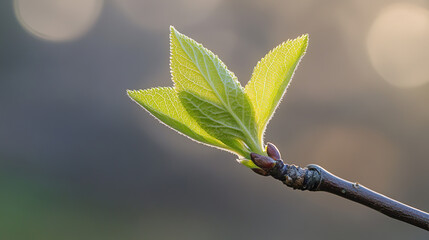 Obraz premium A close-up of a young spring leaf unfolding on a slender branch, softly backlit by sunlight, revealing delicate veins, fresh texture, and a light, airy mood with gentle natural colors