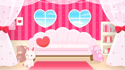 バレンタインデーに使えるハートの窓の可愛い部屋の背景素材 赤、昼