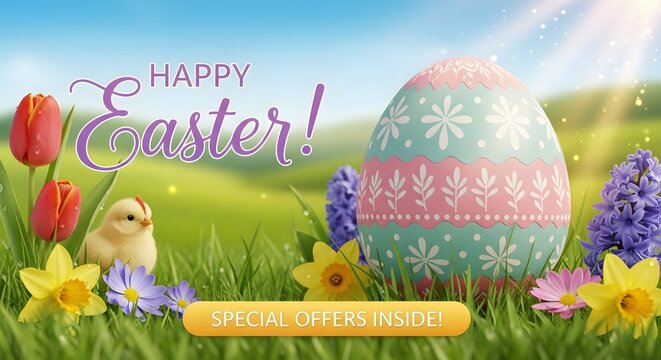 Happy easter celebration with bunny eggs and spring flowers